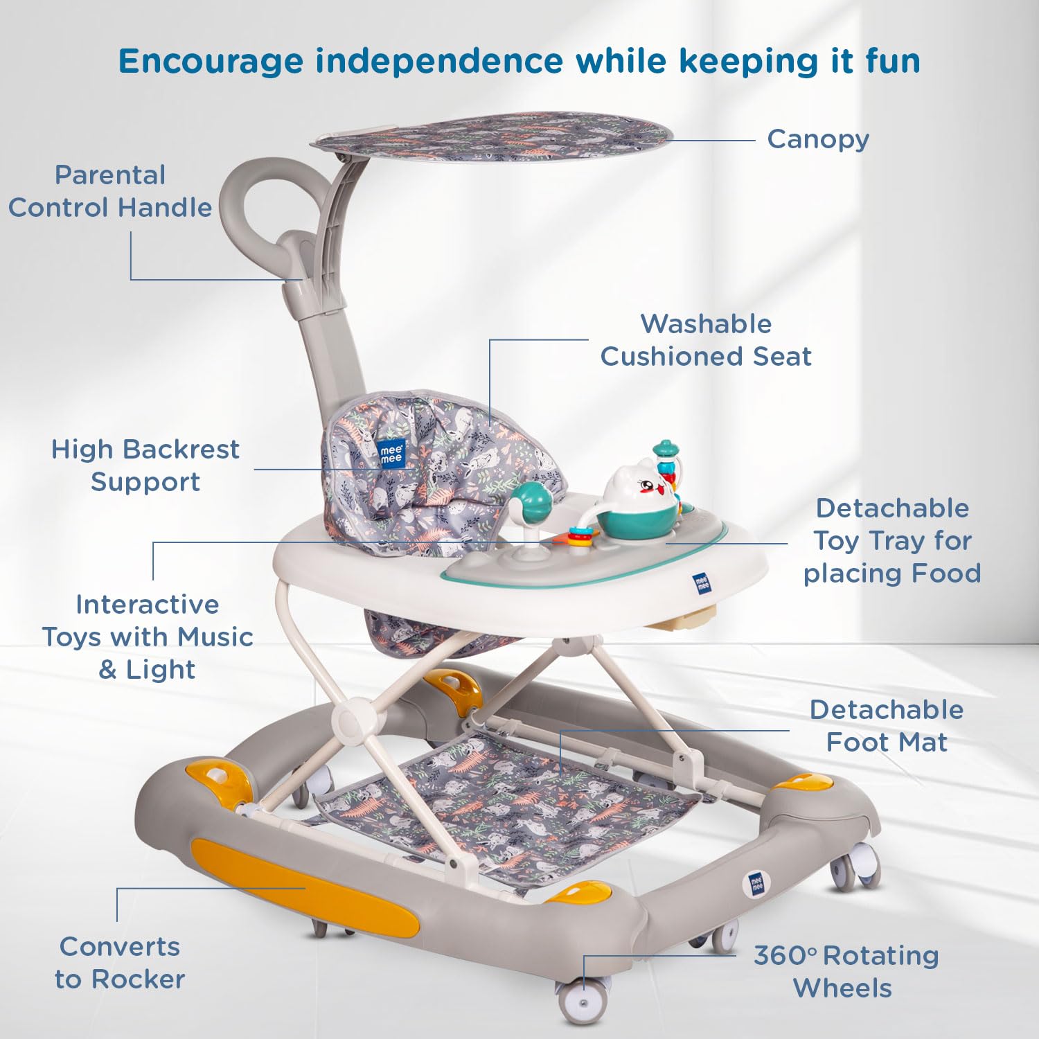 Multi-functional Mee Mee baby walker, aiding in walking development and providing entertainment with a rocking feature. www.usmile.toys